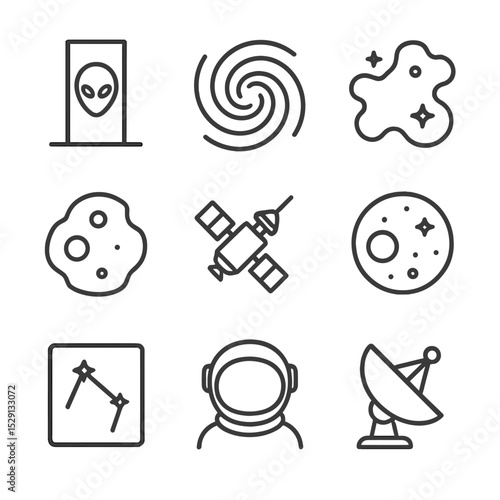 Space Anomaly Icons. Outline icon set of space anomaly investigation: alien monolith, wormhole swirl, distant nebula, asteroid