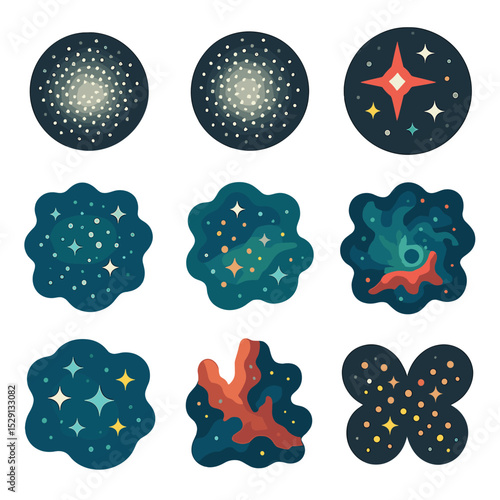 Southern Star Icon Set. Isometric Flat icon set of southern star clusters and nebulae: Omega Centauri, 47 Tucanae, Jewel Box, NGC