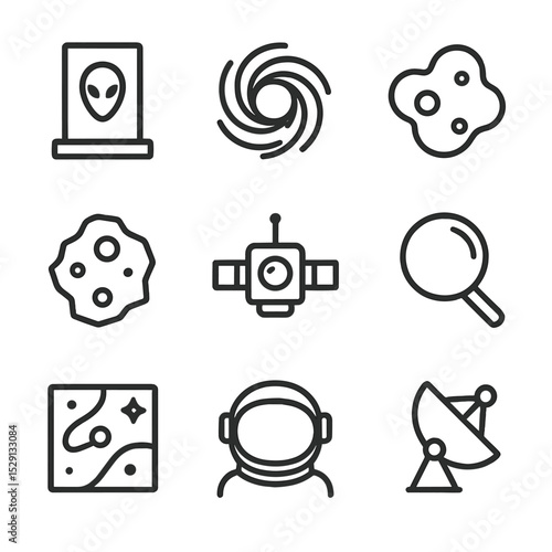 Space Anomaly Icons. Outline icon set of space anomaly investigation: alien monolith, wormhole swirl, distant nebula, asteroid