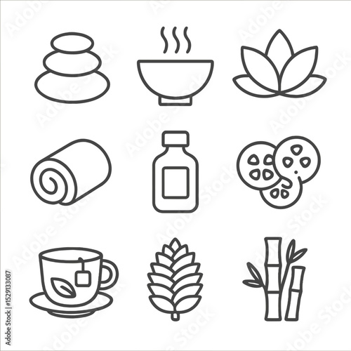 Spa Icon Set. Outline icon set of spa rejuvenation: hot stone, steam bowl, lotus flower, towel roll, essential oil bottle,