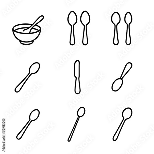 Spoon Icon Collection. Outline icon set of spoon uses in table setting: soup service, fish fork and spoon, dessert course, coffee