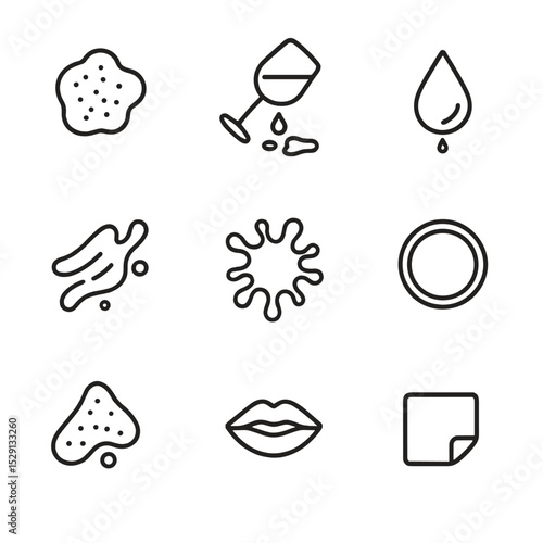 Stain Removal Icons. Outline icon set of stain removal techniques: grease spot, wine spill, coffee drip, sauce smear, ink blot,