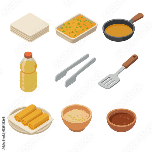 Spring Rolls Essentials Icons. Isometric Flat icon set of fried spring rolls cooking essentials: spring roll wrapper, filling tray