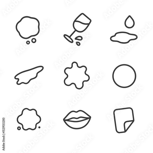 Stain Removal Icons. Outline icon set of stain removal techniques: grease spot, wine spill, coffee drip, sauce smear, ink blot,
