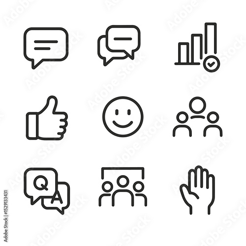Student Engagement Icons. Outline icon set of student engagement: chat message, forum thread, poll chart, thumbs up, emoji