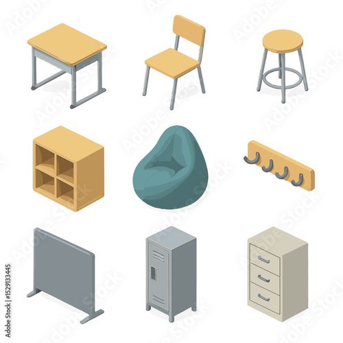 Student Furniture Icons. Isometric Flat icon set of student furniture: desk, chair, stool, reading nook beanbag, storage cubby,