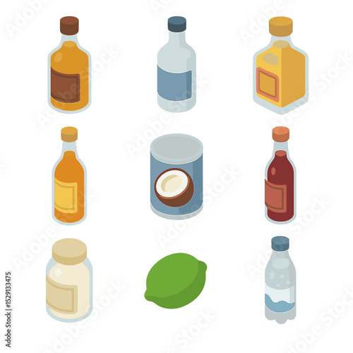 Summer Cocktail Ingredients. Isometric Flat icon set of summer cocktail ingredients: rum bottle, vodka bottle, tequila bottle,