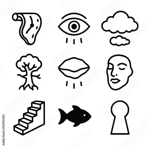 Surrealist Icon Set. Outline icon set of Surrealist dreamscapes: melting clock, floating eye, dream cloud, anthropomorphic tree,