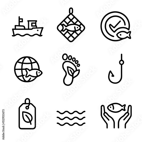 Sustainable Fishing Icons. Outline icon set of sustainable tuna fishing and sourcing: fishing boat, fish net, MSC certification,