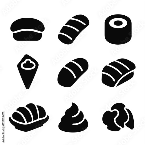 Sushi Icon Grid. Solid, Filled icon set of sushi and sashimi tuna varieties: nigiri rice, sashimi slice, maki roll, temaki cone,