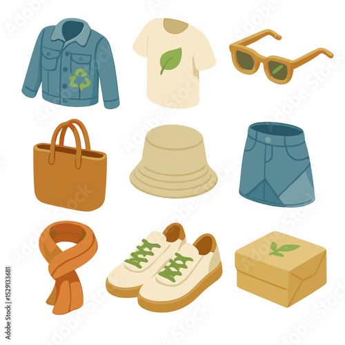 Sustainable Fashion Icons. Isometric Flat icon set of sustainable fashion pieces: recycled denim jacket, organic cotton tee,