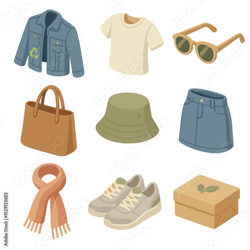 Sustainable Fashion Icons. Isometric Flat icon set of sustainable fashion pieces: recycled denim jacket, organic cotton tee,