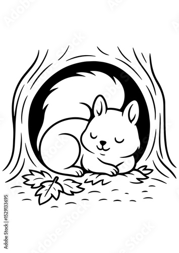 Cute black and white vector of a squirrel sleeping in a tree hollow. Ideal for engraving, prints, coloring books, and creative projects