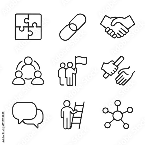 Teamwork Icon Set. Outline icon set of teamwork collaboration: puzzle pieces, linked chain, handshake, group circle, shared flag,