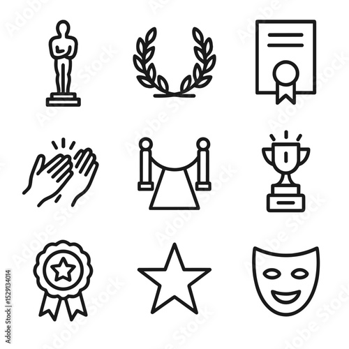 Theater Awards Icons. Outline icon set of theater awards: award statuette, laurel wreath, award certificate, applause hands, red