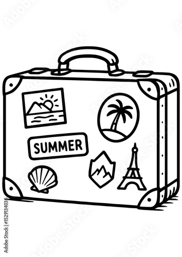 Black and white vector of a travel suitcase with country stickers. Great for engraving, prints, coloring pages, and travel-themed designs