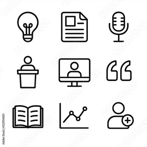 Thought Leadership Icons. Outline icon set of thought leadership content: lightbulb, blog post, microphone, podium, webinar screen