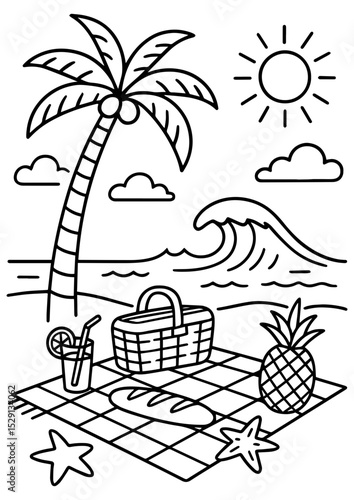 Black and white summer vector of beach picnic with basket on blanket, sea waves, palm tree, sun and clouds. Perfect for engraving and print