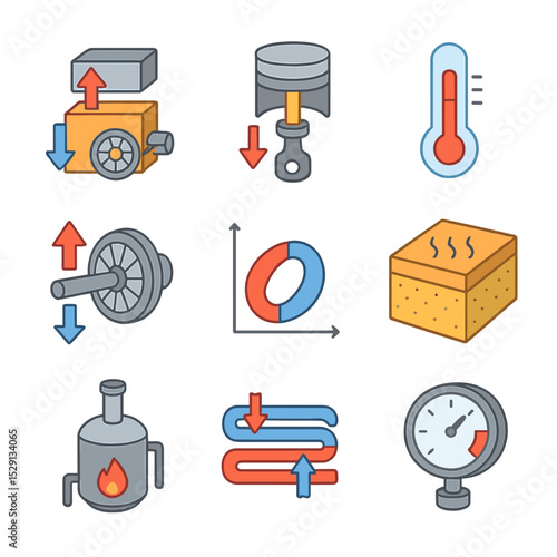 Thermodynamics Icon Set. Isometric Flat icon set of thermodynamics processes: heat engine, piston cylinder, thermometer, steam