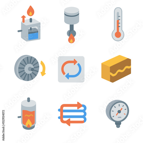 Thermodynamics Icon Set. Isometric Flat icon set of thermodynamics processes: heat engine, piston cylinder, thermometer, steam