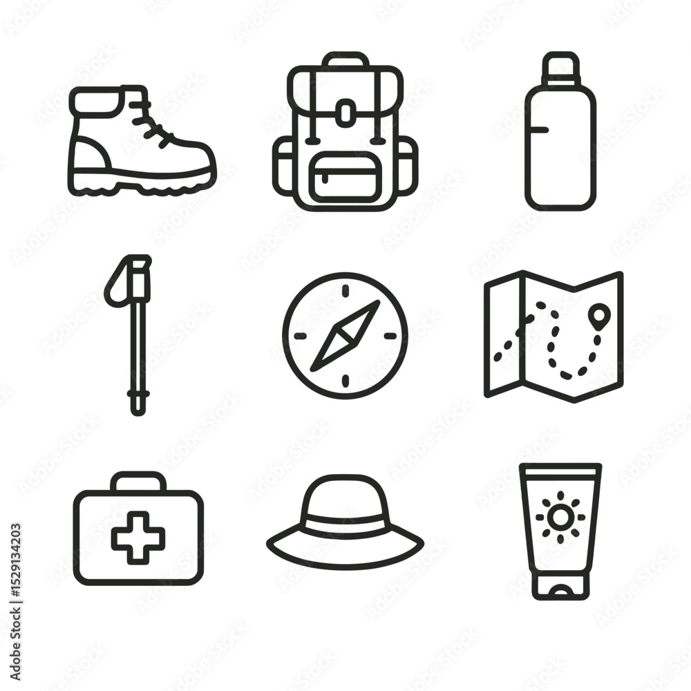 Fototapeta premium Trail Gear Icons. Outline icon set of trail gear and essentials: hiking boots, backpack pack, water bottle, walking stick, compass