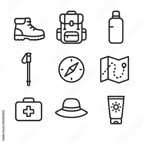 Trail Gear Icons. Outline icon set of trail gear and essentials: hiking boots, backpack pack, water bottle, walking stick, compass