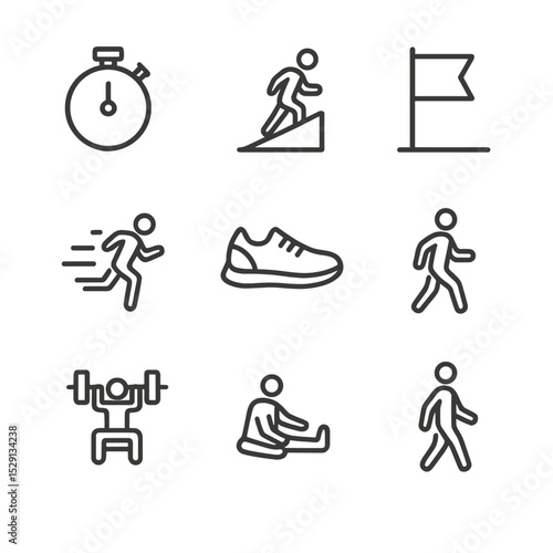 Training Drill Icons. Outline icon set of training drills: interval stopwatch, hill repeat icon, tempo run flag, fartlek burst,