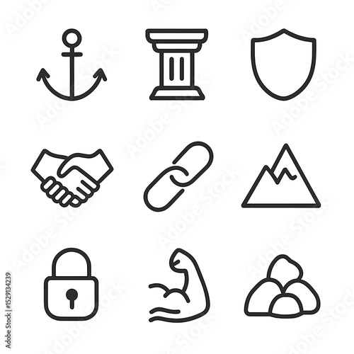 Icon Set of Traits. Outline icon set of personal solidity traits: anchor weight, foundation pillar, shield emblem, handshake bond,
