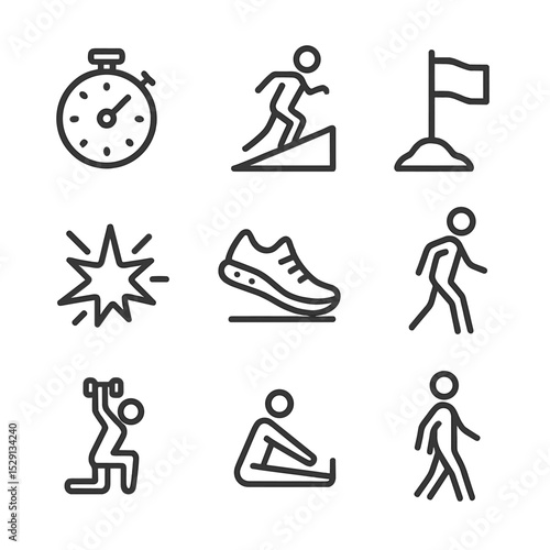 Training Drill Icons. Outline icon set of training drills: interval stopwatch, hill repeat icon, tempo run flag, fartlek burst,