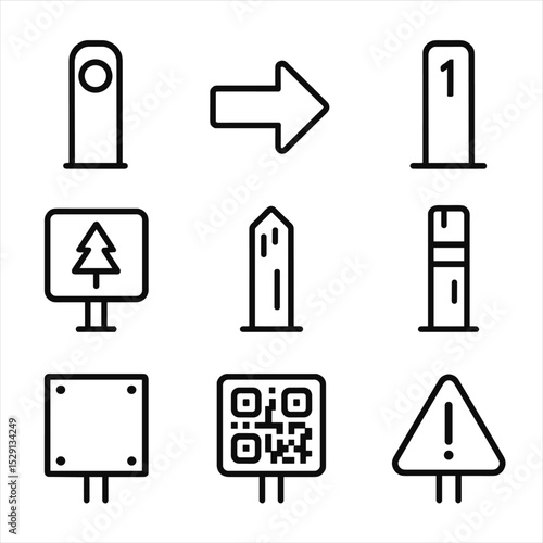 Trail Marker Icons. Outline icon set of hiking trail markers: milepost, directional arrow, kilometer marker, trailhead sign,