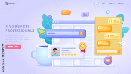 Freelancer hiring platform with online chat and candidate profiles. Remote job search website and recruitment app concept. 3d isolated vector illustration.  Hero image