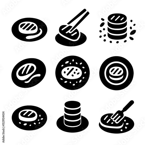 Tuna Steak Plating Icons. Solid, Filled icon set of tuna steak plating and presentation: round plate, sauce swirl, tweezers