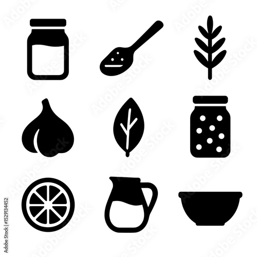 Turkey Marinade Icons. Solid, Filled icon set of turkey marinades and brines: saltwater jar, sugar spoon, herb sprig, garlic clove