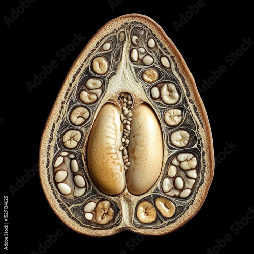 Detailed cross-section of a seed pod, revealing intricate internal structure.  A symmetrical, ovoid shape, showing layers of beige, tan, and dark brown/black tissues.  Numerous small