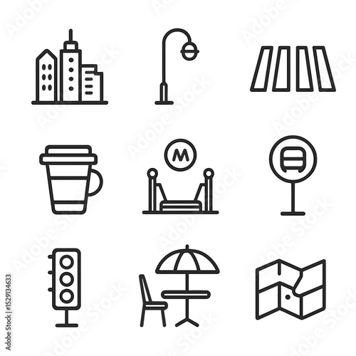 Urban Walk Icons. Outline icon set of urban city walk highlights: skyscraper skyline, streetlamp, crosswalk stripes, coffee cup,