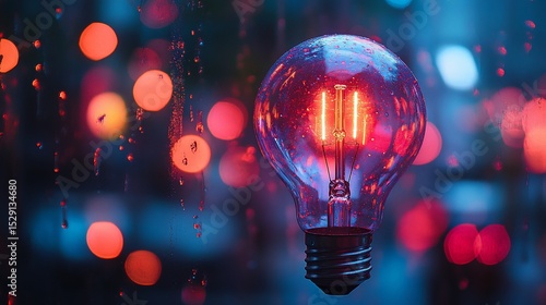 A glowing lightbulb against a backdrop of rain-streaked city lights