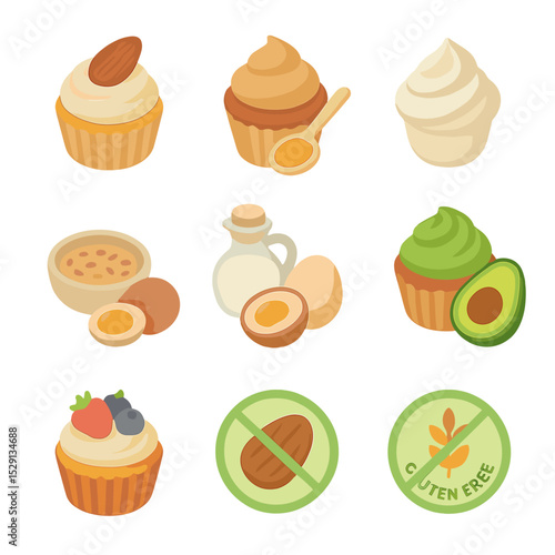 Vegan Cupcake Icon Set. Isometric Flat icon set of vegan and gluten-free cupcakes: almond flour cupcake, coconut sugar cupcake,