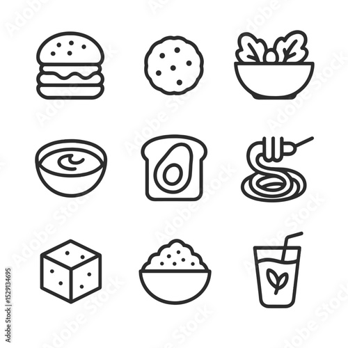 Vegan Icon Set. Outline icon set of vegan and plant-based offerings: veggie burger, falafel ball, salad bowl, hummus dip, avocado