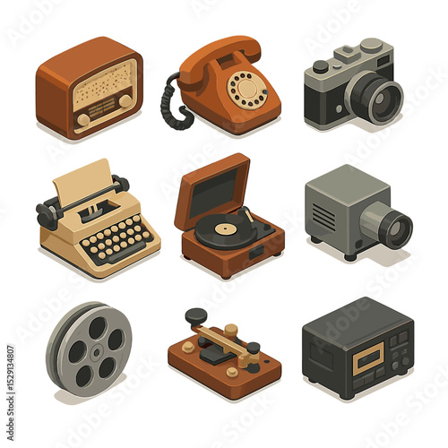 Vintage Electronics Icons. Isometric Flat icon set of flea market vintage electronics: tube radio, rotary telephone, analog camera
