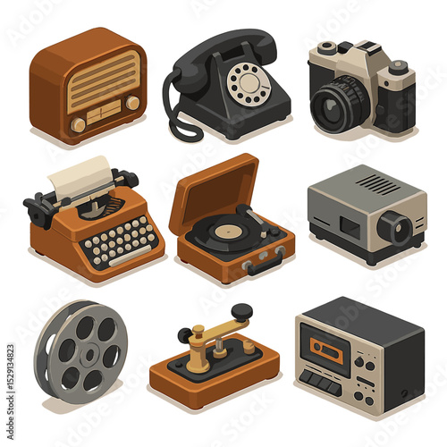 Vintage Electronics Icons. Isometric Flat icon set of flea market vintage electronics: tube radio, rotary telephone, analog camera