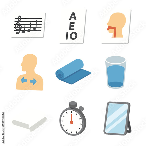 Vocal Warm-Up Icons. Isometric Flat icon set of vocal warm-up session: vocal scale chart, warm-up vowel sheet, tongue twister card