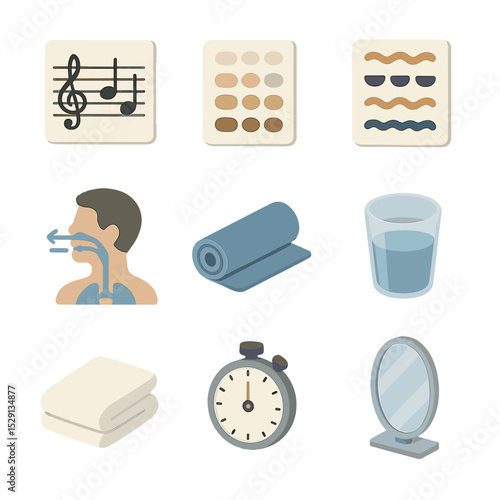 Vocal Warm-Up Icons. Isometric Flat icon set of vocal warm-up session: vocal scale chart, warm-up vowel sheet, tongue twister card