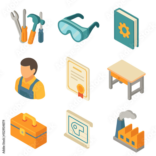 Vocational Training Icons. Isometric Flat icon set of vocational training for newcomers: workshop tools, safety goggles, training