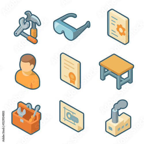 Vocational Training Icons. Isometric Flat icon set of vocational training for newcomers: workshop tools, safety goggles, training