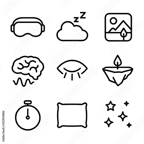Virtual Reality Sleep Icons. Outline icon set of virtual reality sleep aids: VR headset, dream cloud, relaxation environment,