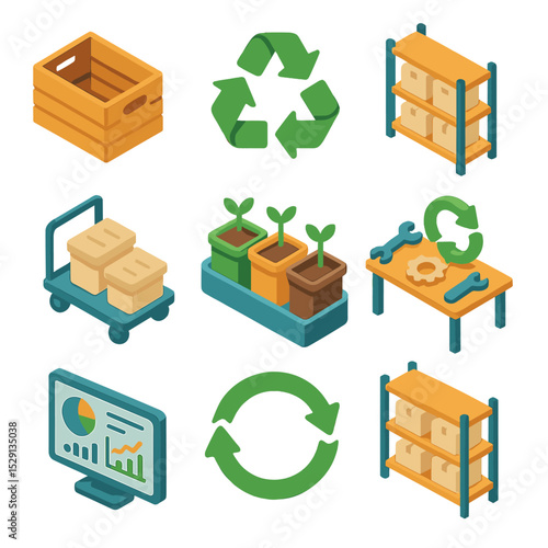 Waste Reduction Icons. Isometric Flat icon set of waste reduction strategies: reusable packaging crate, recyclable material symbol
