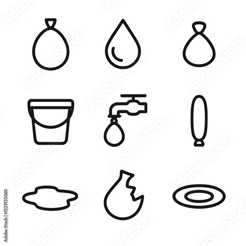 Water Balloon Icons. Outline icon set of water balloons: water-filled balloon, splash droplet, knot tip, bucket, filling nozzle,