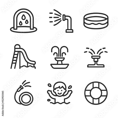 Water Play Icons. Outline icon set of water play areas: splash pad, water nozzle, shallow pool, water slide, water fountain,