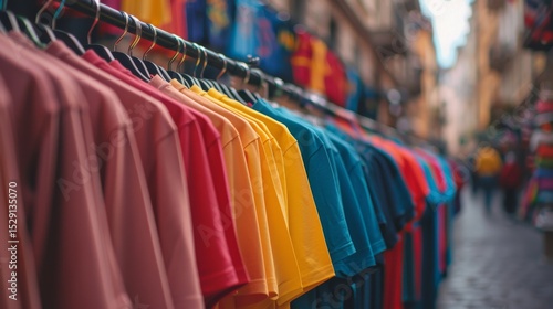 An array of colorful t-shirts neatly hanging in a vibrant street market, highlighting the bazaar's lively atmosphere and the diversity of styles available for shoppers and visitors alike.