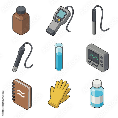 Water Quality Monitoring Icons. Isometric Flat icon set of river water quality monitoring: sampling bottle, turbidity meter, pH